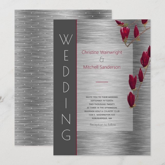 Stylish Grey Metallic Burgundy Floral Wedding Invitation (Front/Back)