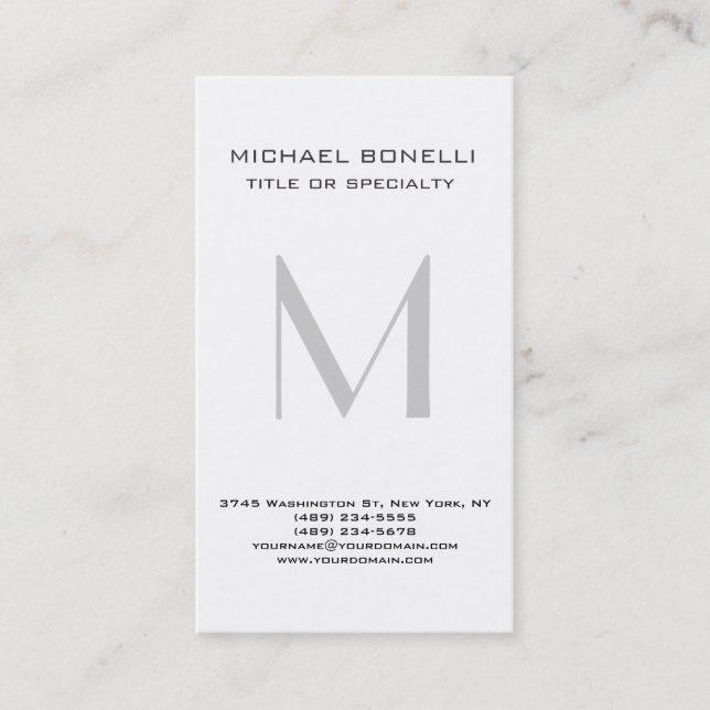 Stylish Grey Monogram Vertical Business Card (Front)