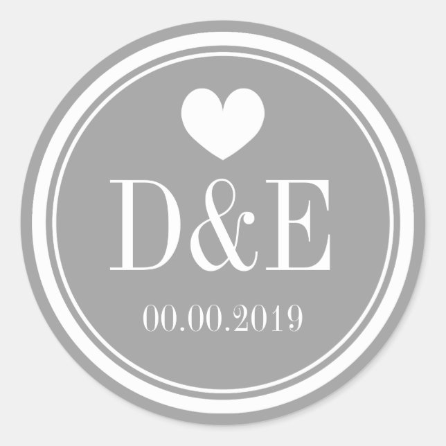 Stylish grey name monogram wedding favour stickers (Front)