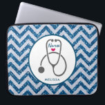 Stylish Grey Nursing Stethoscope on Blue Chevron Laptop Sleeve<br><div class="desc">Laptop sleeve with "Nurse" written in a cool script font with a little red heart underneath. Designed with a simple grey stethoscope illustration. Blue chevron faux glitter pattern. The glitter is an image of glitter it is not real.</div>