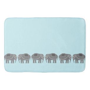 Stylish Grey Ornate Elephants Design, Modern Blue Bath Mat