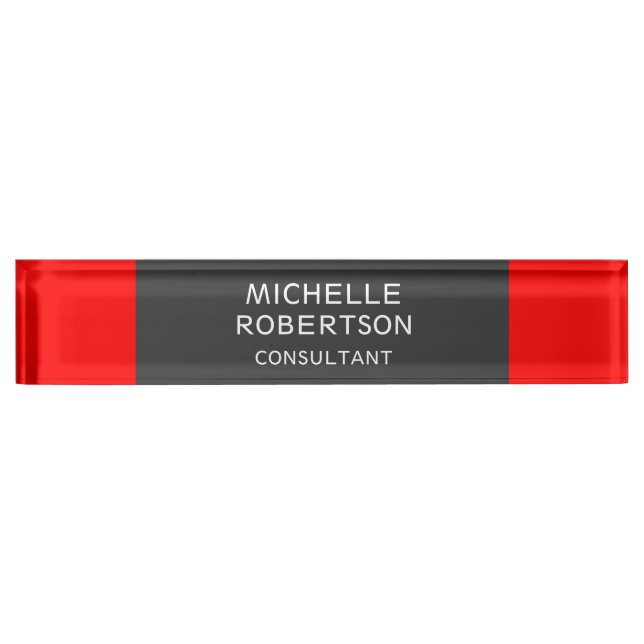 Stylish Grey Red Minimalist Modern Nameplate (Front)