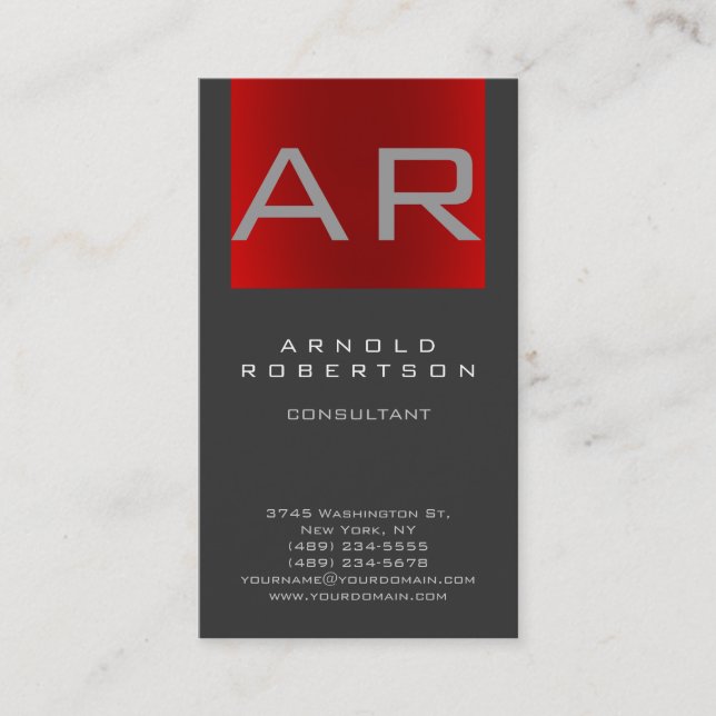 Stylish Grey Red Stripe Monogram Business Card (Front)
