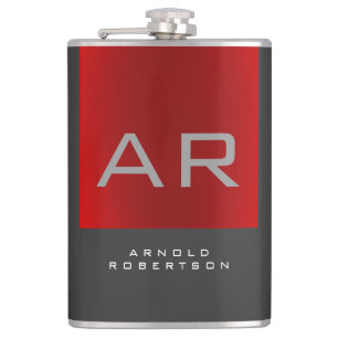 Stylish Grey Red Trendy Monogram Add Name Hip Flask