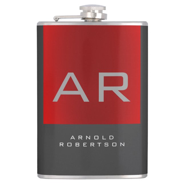 Stylish Grey Red Trendy Monogram Add Name Hip Flask (Front)