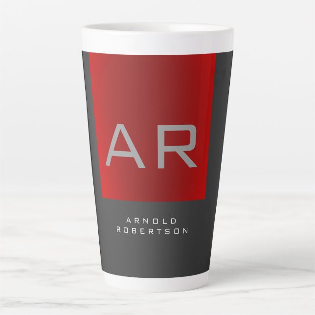 Stylish Grey Red Trendy Monogram Add Name Latte Mug (Front)