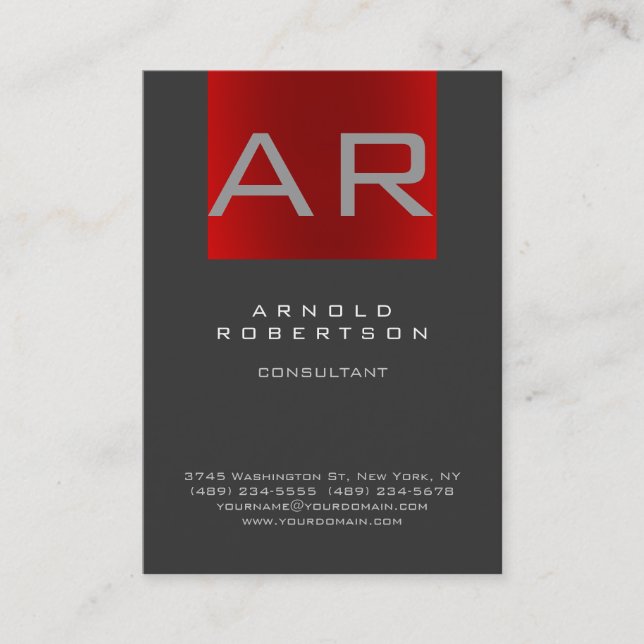 Stylish Grey Red Trendy Monogram Business Card (Front)