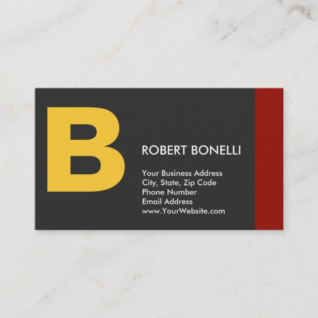 Stylish Grey Red Yellow Monogram Business Card (Front)
