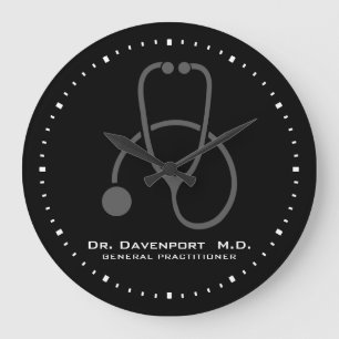 Stylish Grey Stethescope Illustration on Black Large Clock