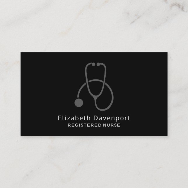 Stylish Grey Stethoscope Illustration on Black Business Card (Front)