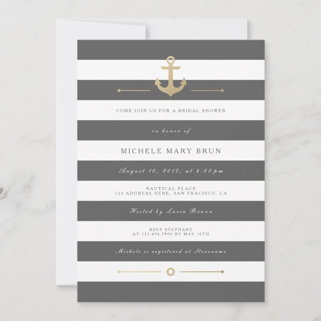Stylish Grey Striped Nautical Bridal Shower Invite (Front)