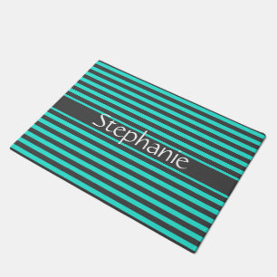 Stylish Grey Teal Stripes White Custom Name Doormat