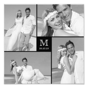 Stylish Grid Black Square Monogram 4 Photo Wedding Print