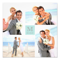 Stylish Grid Blue Square Monogram 4 Photo Wedding