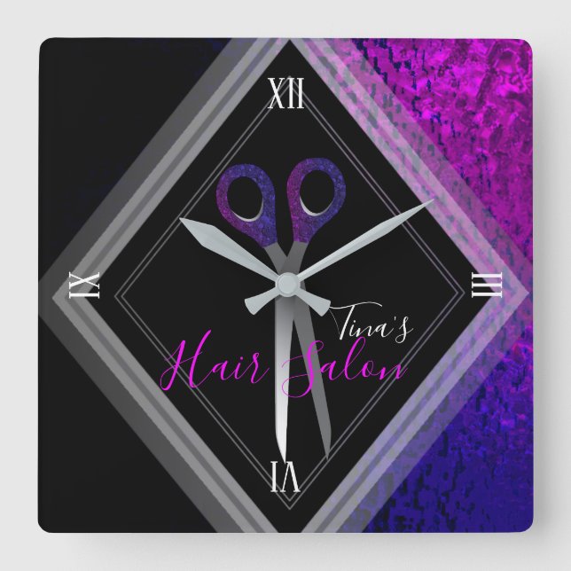 Stylish Hair Salon Modern Purple & Black Modern Square Wall Clock (Front)