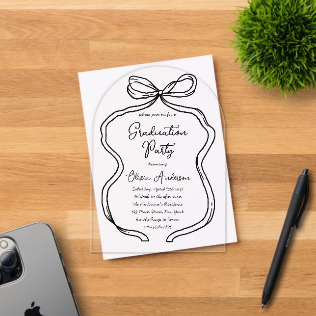 Stylish Hand Drawn Bow & Script Graduation Party Acrylic Invitations (Insitu (Invitation Card))