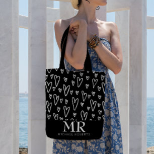 Stylish hand-drawn Hearts Pattern Personalised Tote Bag
