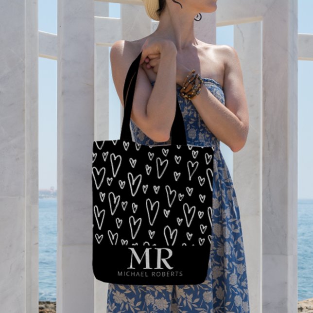 Stylish hand-drawn Hearts Pattern Personalised Tote Bag (Creator Uploaded)