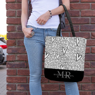 Stylish hand-drawn Hearts Pattern Personalised Tote Bag