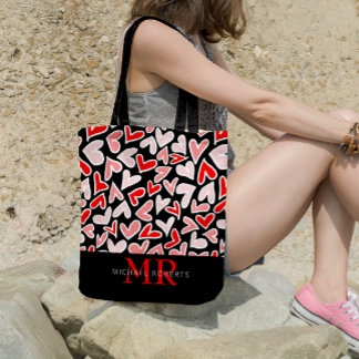 Stylish hand-drawn Hearts Pattern Personalised Tote Bag