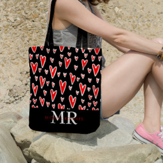 Stylish hand-drawn Hearts Pattern Personalised Tote Bag