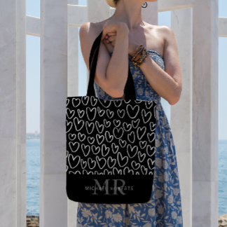 Stylish hand-drawn Hearts Pattern Personalised Tote Bag