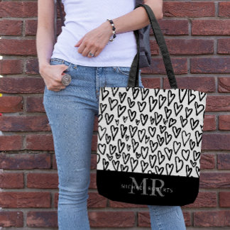 Stylish hand-drawn Hearts Pattern Personalised Tote Bag
