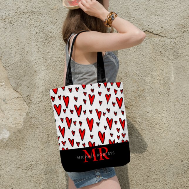 Stylish hand-drawn Hearts Pattern Personalised Tote Bag (Creator Uploaded)