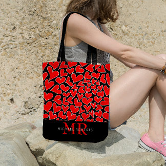 Stylish hand-drawn Hearts Pattern Personalised Tote Bag