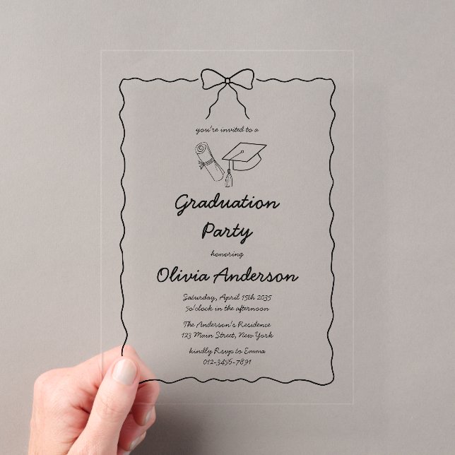 Stylish Hand Drawn Squiggle Bow Graduation Party Acrylic Invitations (Insitu (Handheld))