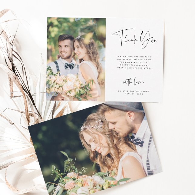 Stylish Hand Lettered Wedding 2 Photo Thank You Card (Creator Uploaded)
