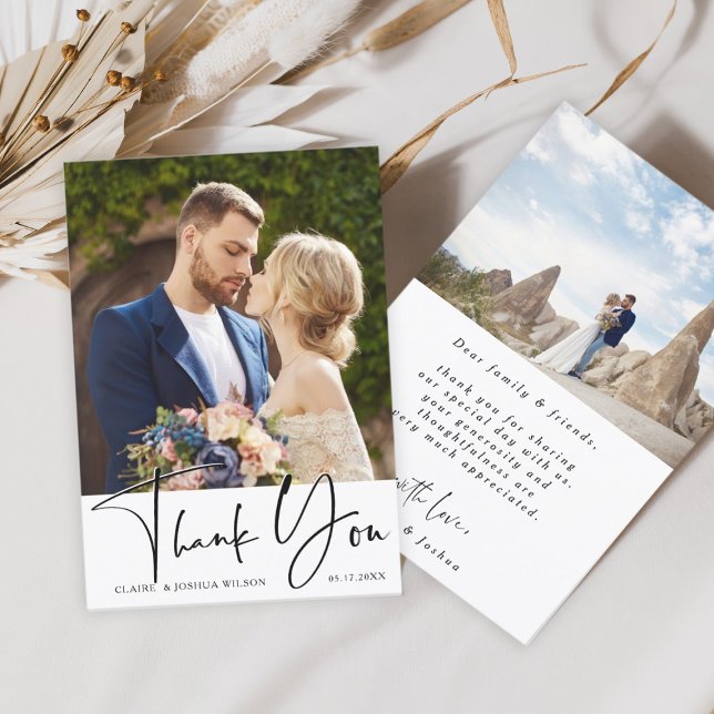 Stylish Hand Lettered Wedding 2 Photo  Thank You Card (Creator Uploaded)