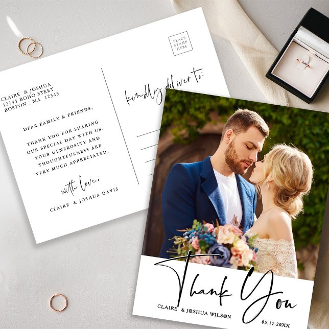 Stylish Hand Lettered Wedding Photo Thank You Postcard (Front & Back)