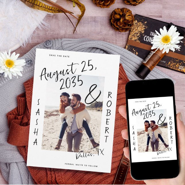 Stylish Handwritten Script Ampersand Photo Wedding Save The Date (Creator Uploaded)