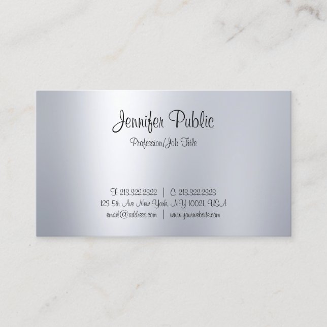 Stylish Handwritten Script Silver Look Minimalist Business Card (Front)