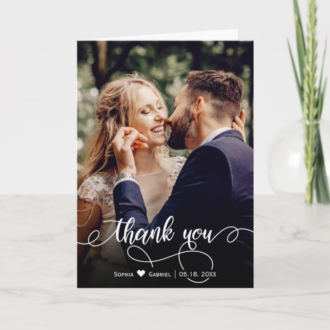 Stylish Handwritten Script Wedding Photo Thank You (Front)