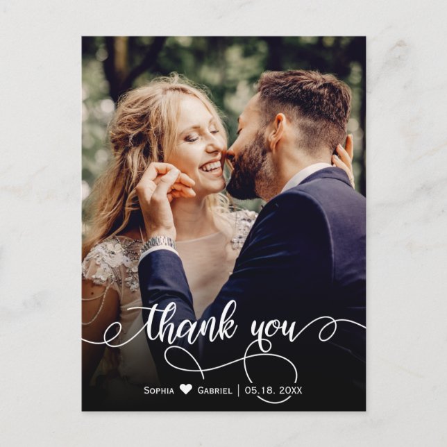 Stylish Handwritten Script Wedding Photo Thank You Postcard (Front)
