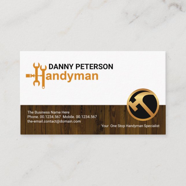 Stylish Handyman Motif Timber Fence Construction Business Card (Front)