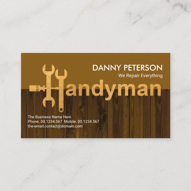 Stylish Handyman Motif Timber Fence Contractor Business Card (Front)