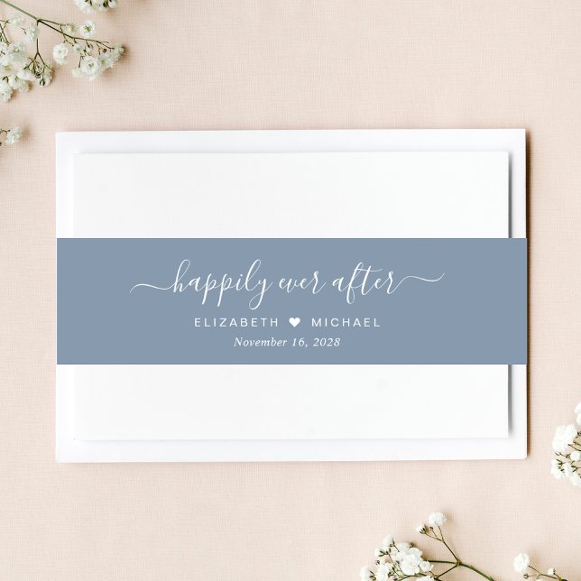 Stylish Happily Ever After Dusty Blue Wedding Invitation Belly Band (Creator Uploaded)