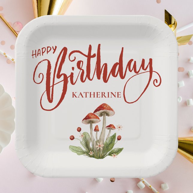 Stylish Happy Birthday Retro Mushroom  Paper Plate (Creator Uploaded)