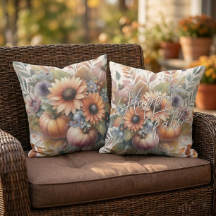 Stylish Happy Fall Pumpkin Flower Bouquet Motif Cushion