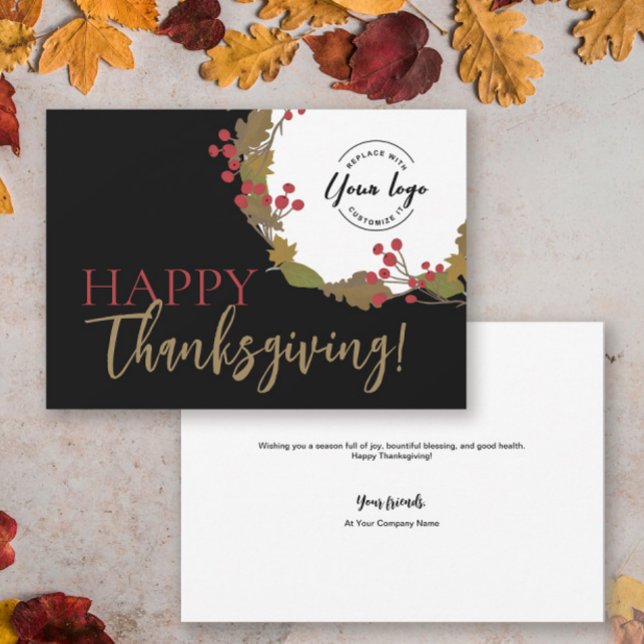 Stylish Happy Thanksgiving Custom business logo Holiday Card (Stylish black, red, green, brown Happy Thanksgiving custom business logo holiday card.
)