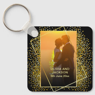 Stylish Happy Valentine Gold Glitter couple photo Key Ring