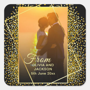 Stylish Happy Valentine Gold Glitter couple photo Square Sticker