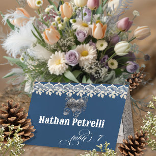 Stylish Heart & Lace - Blue Place Card