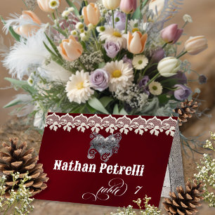 Stylish Heart & Lace - Burgundy Place Card
