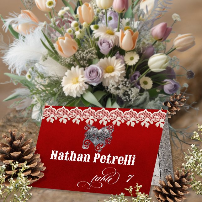 Stylish Heart & Lace - Red Place Card (Creator Uploaded)