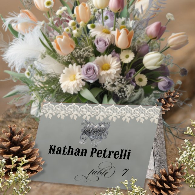Stylish Heart & Lace - Sage Place Card (Creator Uploaded)