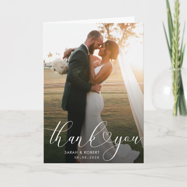 stylish heart script wedding thank you photo card (Front)
